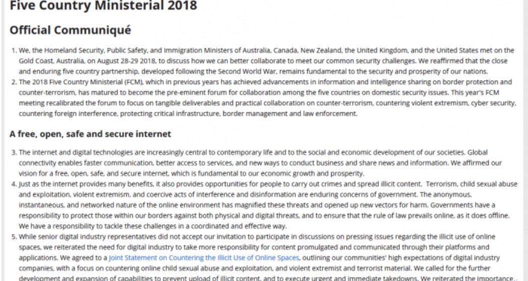 英美等五眼聯盟(Five Eyes)國家釋出宣告要求科技企業自願提供後門