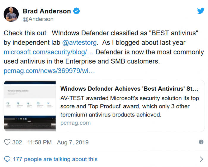 AV-Test報告稱微軟Windows Defender是相當優秀的消費級反病毒軟體