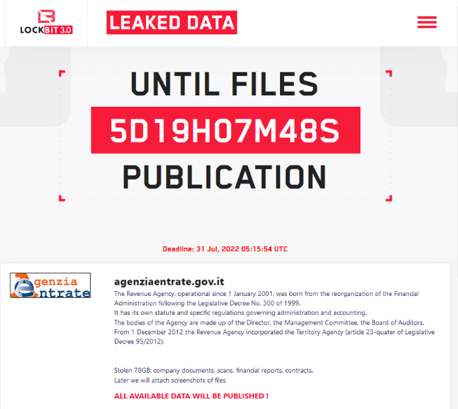 勒索軟體團伙Lockbit聲稱從義大利稅務局竊取了78 GB檔案