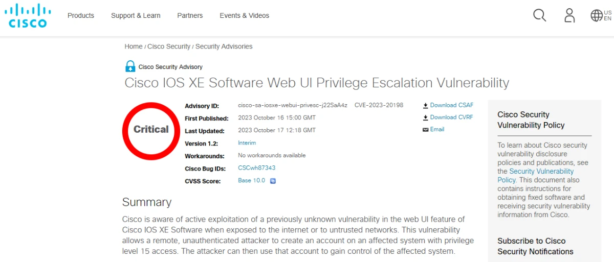 嚴重性10分，思科IOS XE零日漏洞正被利用